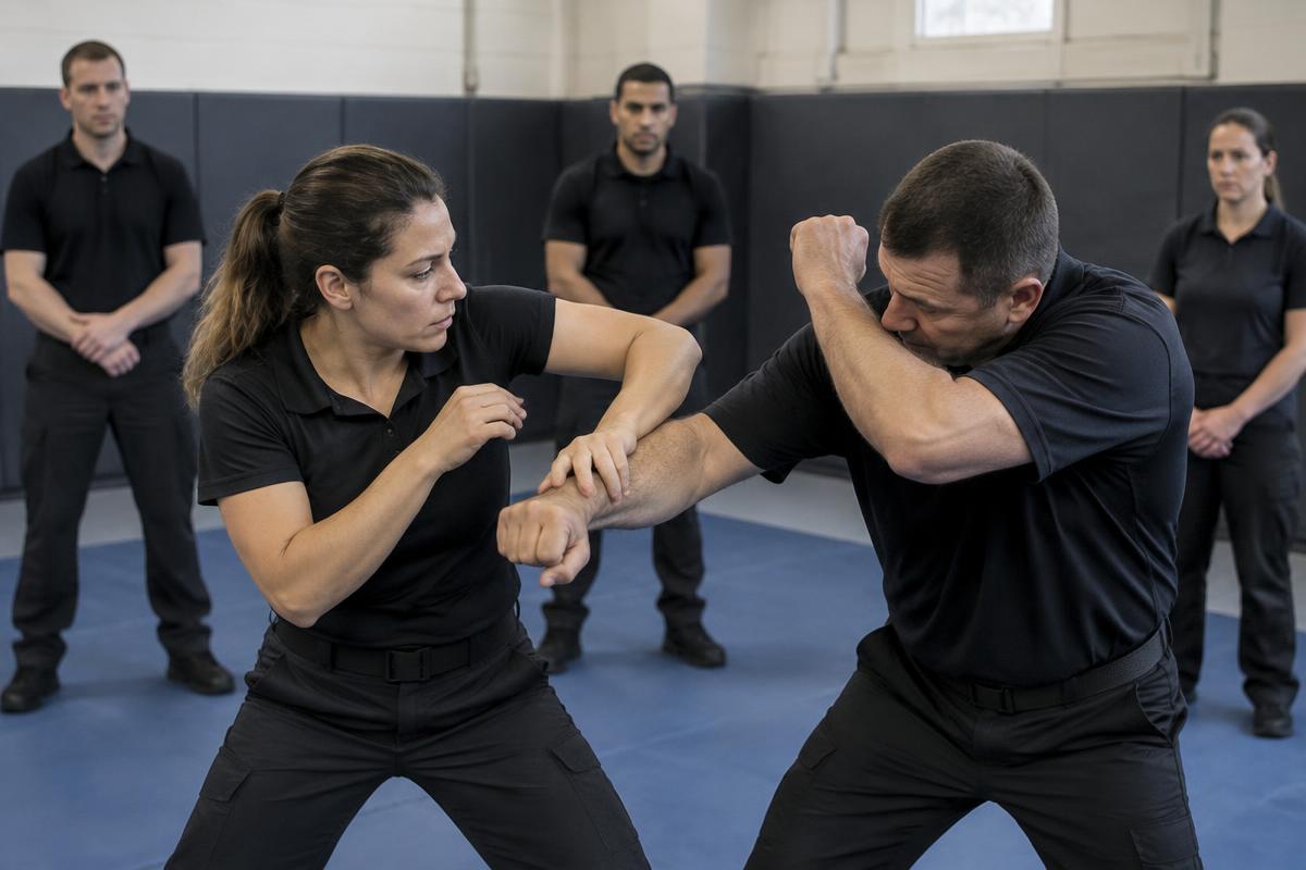 Security staff training defensive control tactics with an instructor