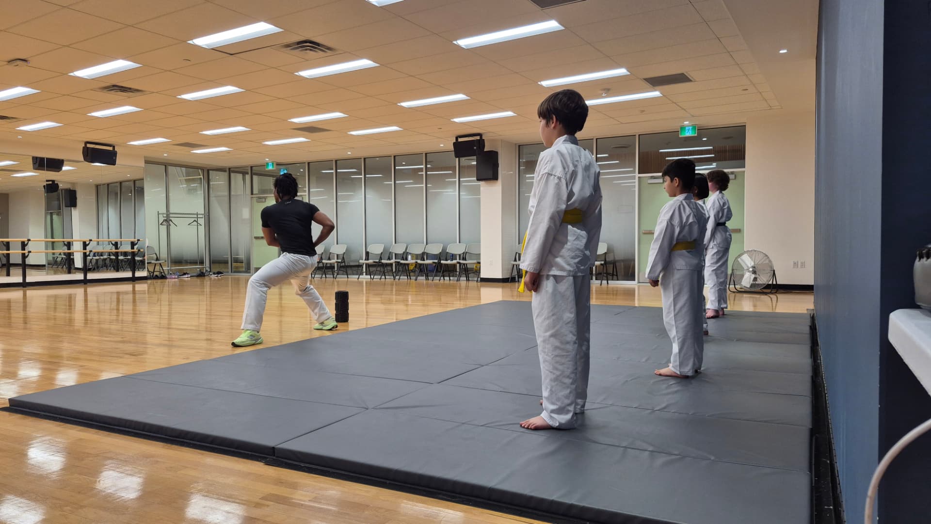 Children stand at attention facing an instructor in a karate class