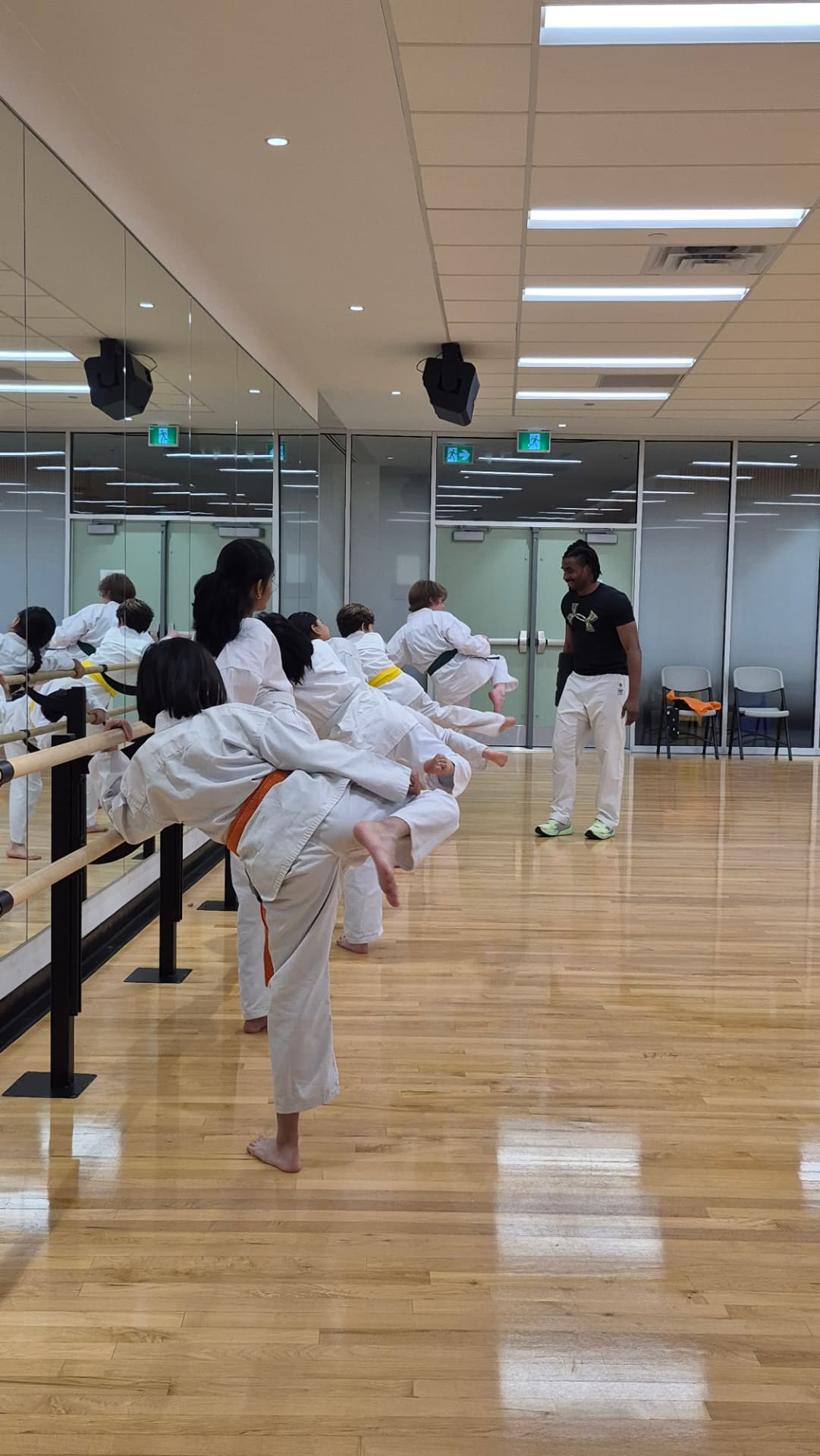 Children stretch at a ballet barre while an instructor watches in a bright dojo