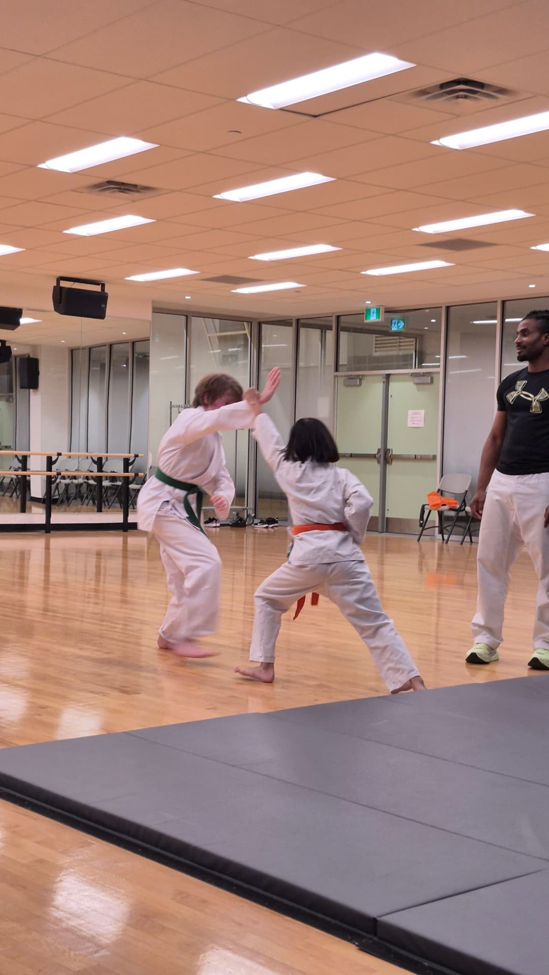 Young karate students in a disciplined training moment