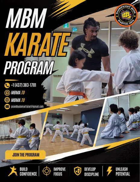 MBM Karate Program flyer — build confidence, improve focus, develop discipline, unleash potential.
