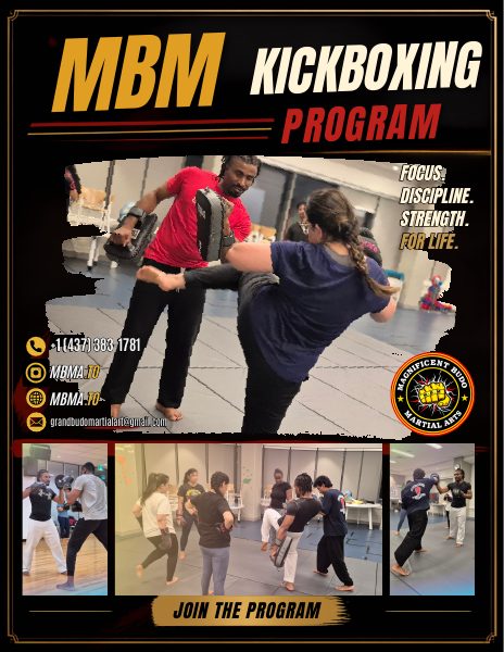MBM Kickboxing Program flyer — focus, discipline, strength, for life.
