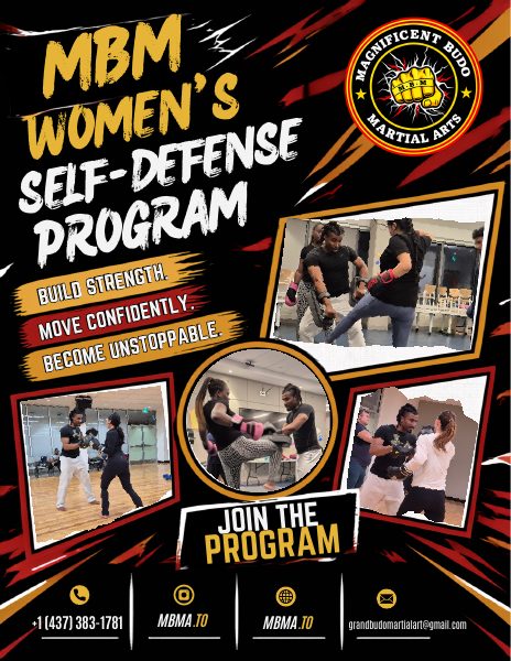 MBM Women's Self-Defense Program flyer — build strength, move confidently, become unstoppable.